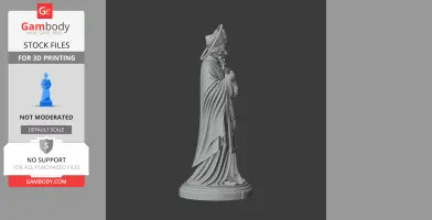 A detailed 3D model of a devotional statue, depicting a robed figure holding a cross.