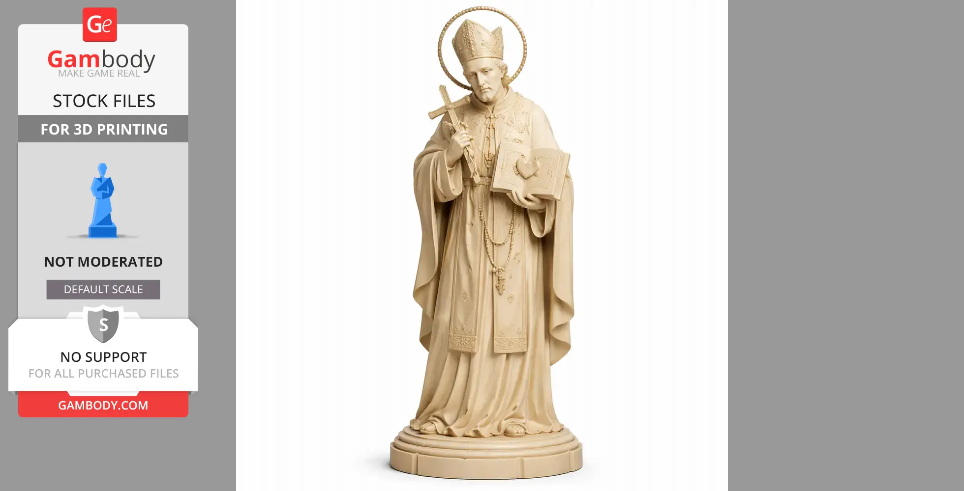 A devotional statue of Saint Alphonsus Liguori wearing ornate robes and holding a cross and book.