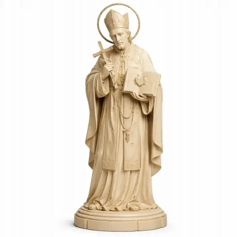 Devotional statue of Saint Alphonsus Liguori holding a cross and book, wearing a bishop's attire.