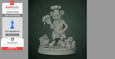A cartoonish rat chef holds a spatula with pizza, surrounded by cooking items on a round base.