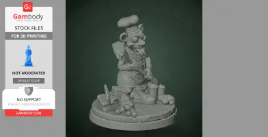 A cartoon chef character with a fork and pizza, standing on a detailed base, ready for 3D printing.