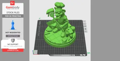 A cartoonish chef character holding pizza, surrounded by various kitchen items on a round base.