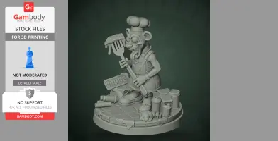 Mouse-like chef character holding a pizza slice on a fork, standing on a themed platform with cans.