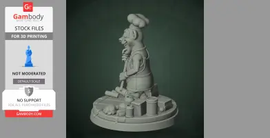 Cartoon chef character with chef hat on a round base, surrounded by kitchen items and food.
