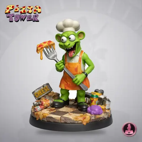Green character in a chef hat holding a pizza slice on a fork, standing on a pizza-themed base.