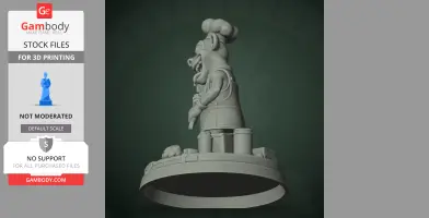 3D model of a cartoonish chef character with a large hat, standing on a round base, designed for printing.