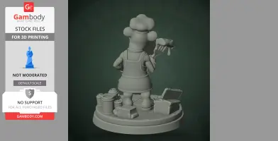 A chef character figure with a fork and pizza slice, surrounded by kitchen items on a round base.