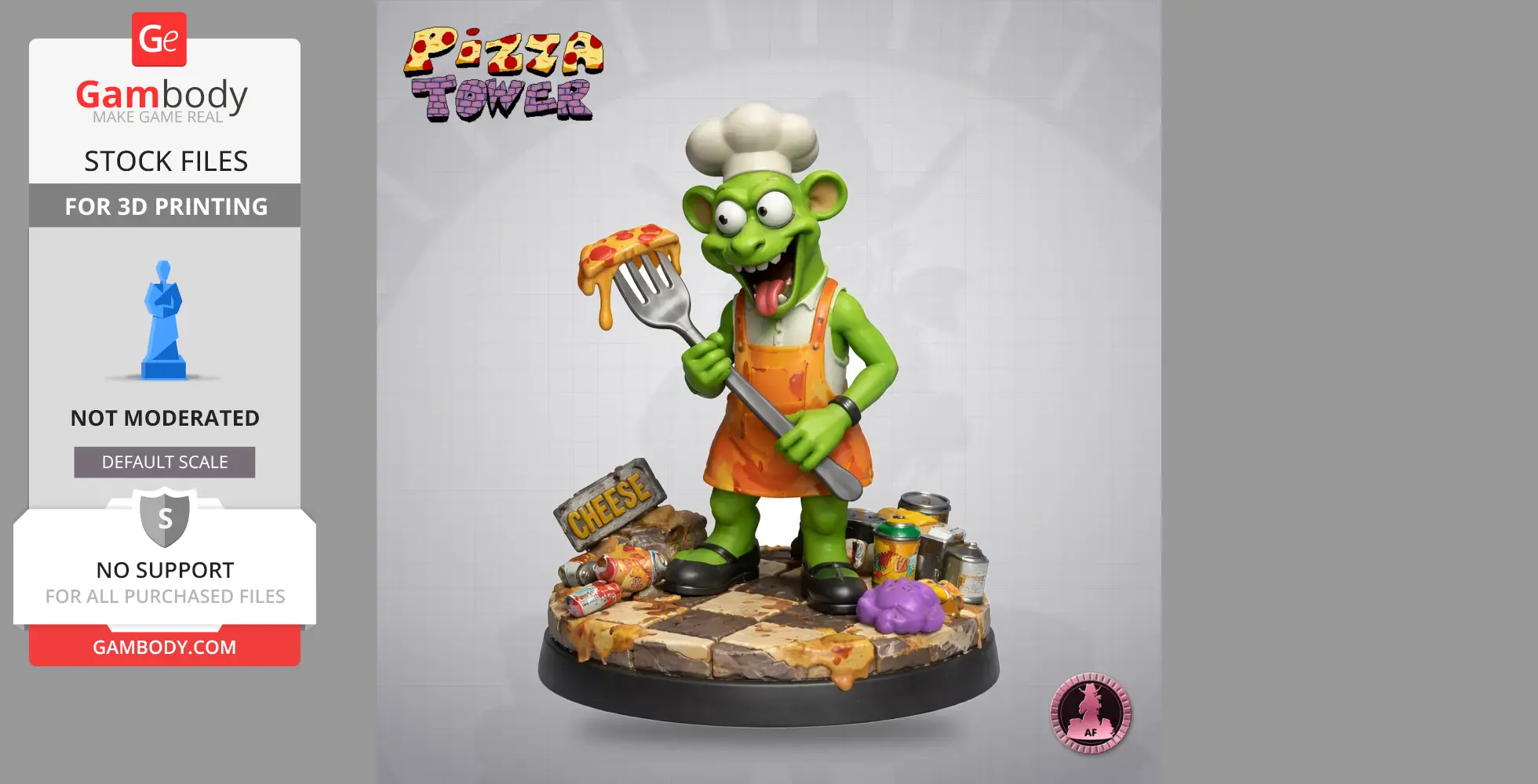 Green character in chef outfit holding pizza slice on spatula, standing on a messy pizza-themed base.