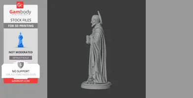 A 3D printable statue of a bearded saint holding a book, wearing a robe, with a halo and floral base.
