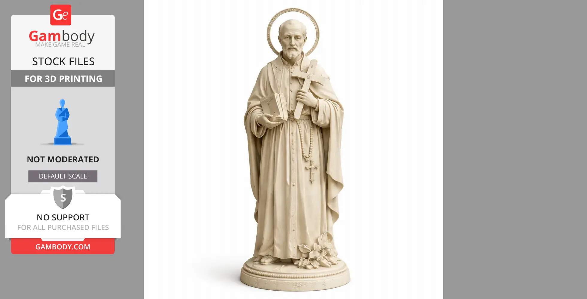 A saintly statue holding a cross and book, with a halo and rosary, on a decorated base with flowers.
