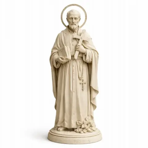 Devotional statue of Saint holding a cross and book, with rosary around neck, standing on a pedestal.