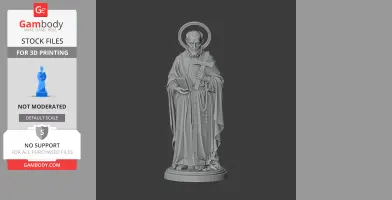 A 3D model of a religious statue holding a book and cross, with a halo and detailed robe on a pedestal.