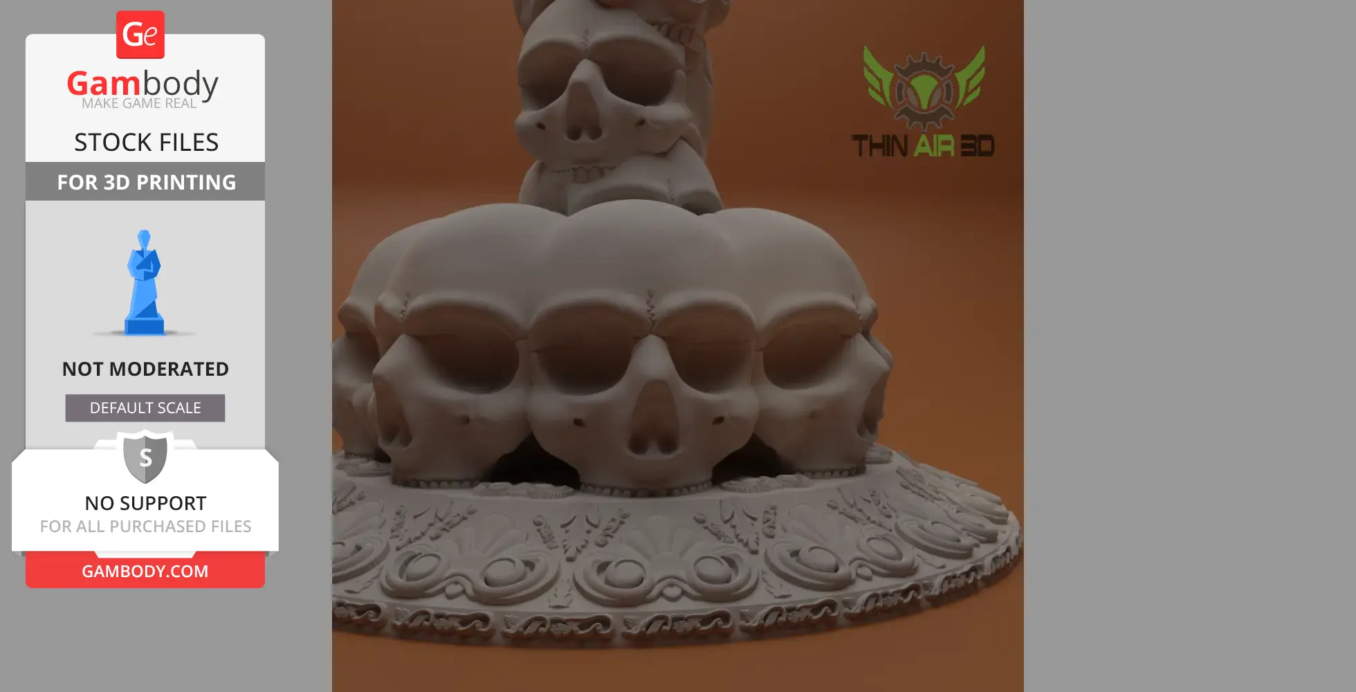 A 3D model of stacked skulls on an intricately designed base, suitable for Halloween-themed 3D printing.