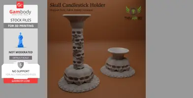 Two skull-themed candlestick holders, one tall and one short, on a brown background.