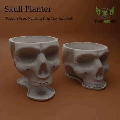 Two skull-shaped planters with matching drip trays on a brown background.