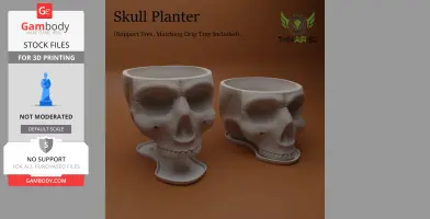 Two skull-shaped planters with drip trays, displayed on a brown background.