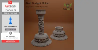 Two ornate skull-themed tealight holders with intricate base designs for 3D printing.