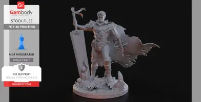 A detailed 3D model of a warrior with a large sword and cape, standing on a monster's head base.