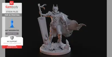 Knight in detailed armor holding a massive sword, standing on a decorative base with creatures.