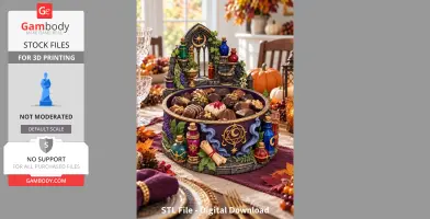 Violet witch cauldron organizer with potion bottles, adorned for festive table setting.