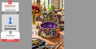 A witch-themed cauldron organizer with potion bottles, adorned with mystical symbols and vibrant colors.