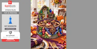 A decorative witch-themed cauldron organizer with potion bottles, filled with assorted chocolates.