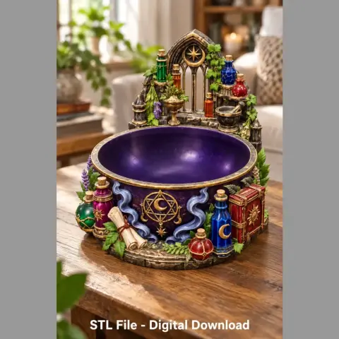 Colorful cauldron organizer with potion bottles, arcane symbols, and mystical decor for 3D printing.