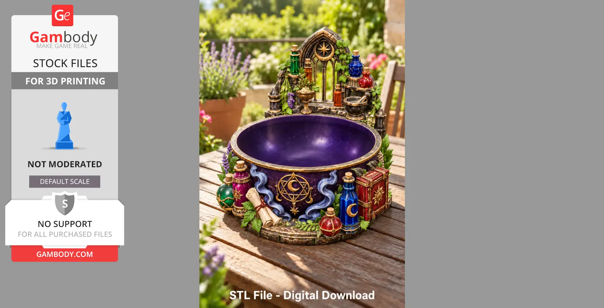 Decorative cauldron organizer with potion bottles and mystical designs for 3D printing.
