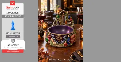 A violet witch cauldron organizer adorned with colorful potion bottles and mystical symbols on a table.