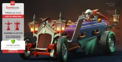 A vampire-themed hot rod with gothic details and a coffin design, ready for 3D printing.