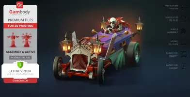 Vampire-themed hot rod with a coffin body and lanterns, driven by a vampire figure.