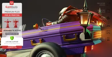 A vampire character driving a detailed, purple hot rod adorned with lanterns and accessories.