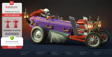 Skeleton driving a purple coffin-themed hot rod with bat wings and lanterns.