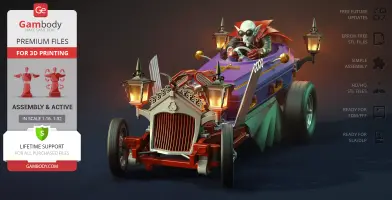 A vampire-themed hot rod with lanterns and a spooky driver, designed for 3D printing.