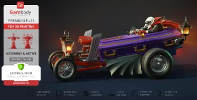 A vampire-themed hot rod car with a coffin body, driven by a skeleton in red and black attire.