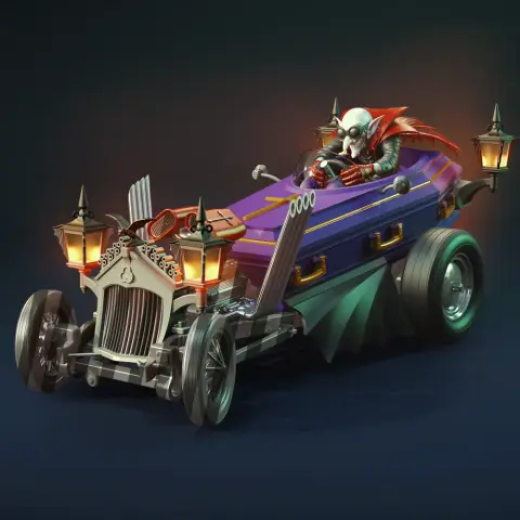 Halloween-themed hot rod with a vampire driver and coffin-shaped body, adorned with lanterns.
