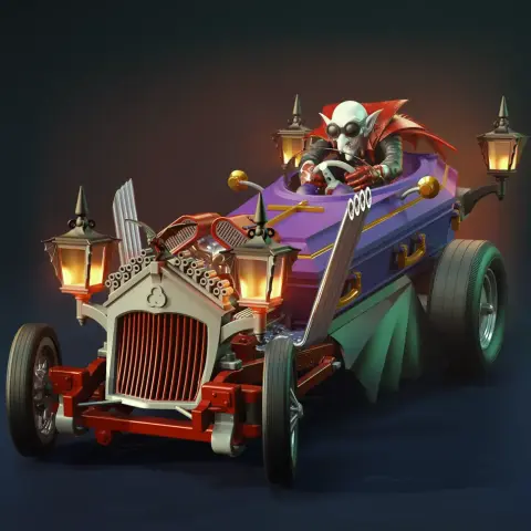 Halloween-themed hot rod with a vampire driver and coffin-shaped body, adorned with lanterns.