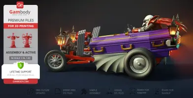 A vampire-themed hot rod car with coffin-like design and spiked details, driven by a character with a cape.