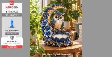 Ornate owl sculpture with blue flowers on a crescent moon, suitable for 3D printing.