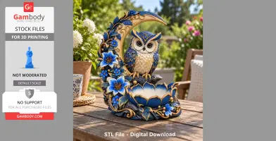 Blue and gold owl sculpture sitting on crescent moon surrounded by flowers, designed for 3D printing.