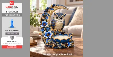 Ornate owl sculpture perched on a crescent with blue flowers, designed for 3D printing.