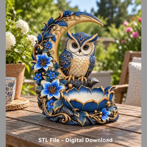 Decorative owl sculpture with blue flowers on a crescent moon, suitable for 3D printing.