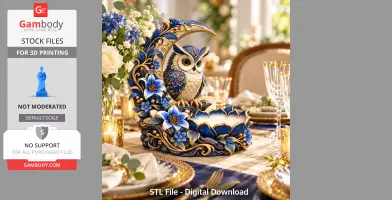 Elegant owl sculpture with intricate floral details in blue and gold on a decorated dining table.