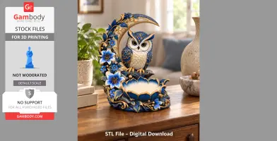 Ornate crescent and flower-adorned owl sculpture, ready for 3D printing.