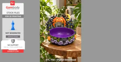 A decorative Halloween bowl with jack-o'-lanterns, bats, and haunted houses, designed for 3D printing.