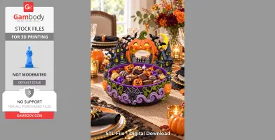 Halloween-themed bowl with pumpkins, haunted houses, and bats, filled with assorted candies.