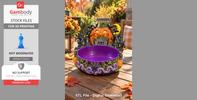 A Halloween-themed organizer bowl with a purple interior, pumpkin, bats, and haunted house details.
