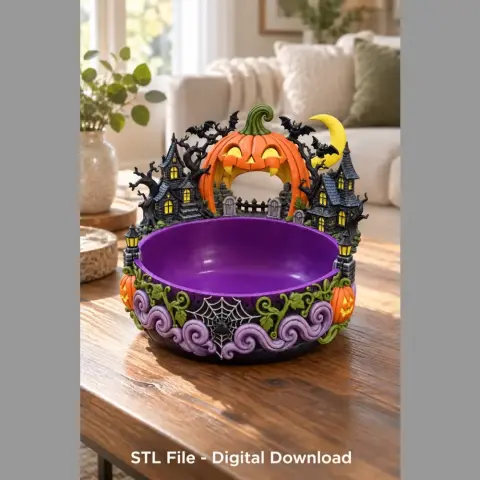 Halloween-themed organizer bowl with pumpkins, haunted house, and spiderweb details for 3D printing.