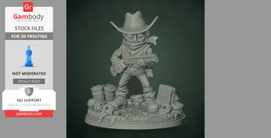 Cowboy character with hat and shotgun, standing on a detailed base with skulls and cans.