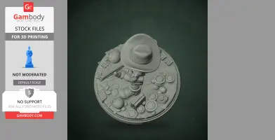 A 3D model of a cartoonish cowboy figure with a hat and a rifle on a detailed, round base.